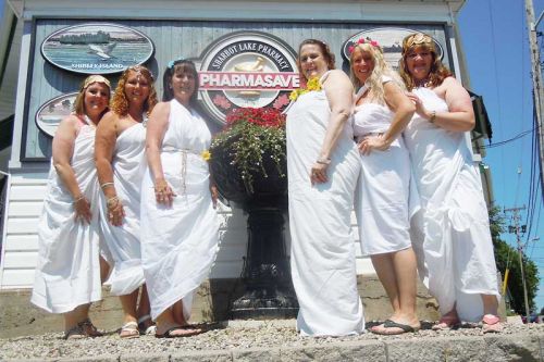 The toga-toting “Seeley Girls” gang, l-r, Lisa, Sharon, Jackie, Darlene, Christine and Kerri attracted countless onlookers in Sharbot Lake on July 15